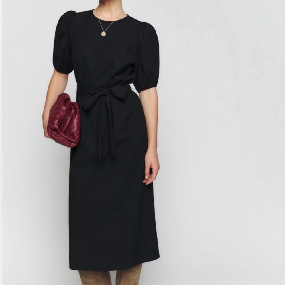 Reformation Classic Black Puff-Sleeve Midi Dress with Waist Tie size Large